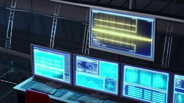 Isometric data center with server racks, network equipment, and a control room with multiple monitors