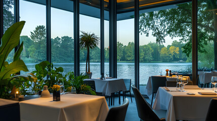 Fototapeta premium Luxurious Lakeside Restaurant Interior with Panoramic Views