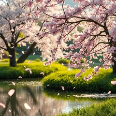 분홍색 벚꽃잎이 바람이 날리는 풍경