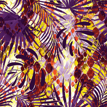 Golden jungle scales pattern. Seamless, bold tropical design with animal scales and warm hues. Perfect for fabric, prints, & more.