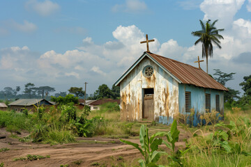 Christian Church in Poor Village handcrafted with mud and wood as a simple place of worship in an impoverished town