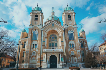 Fototapeta premium Christian Cathedral with gothic and baroque architecture towering over a modern city skyline as a religious landmark of faith
