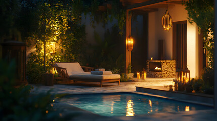 Serene Evening by the Pool Luxurious Outdoor Oasis