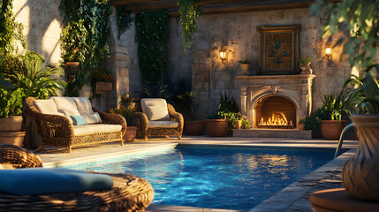 Luxurious Mediterranean Courtyard with Pool, Fireplace, and Wicker Furniture at Dusk