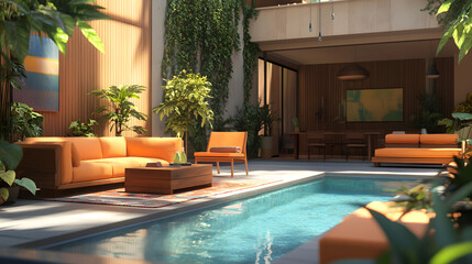Luxurious Modern Courtyard with Pool and Orange Furniture