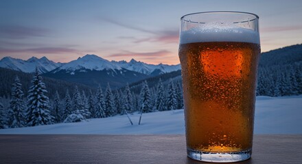Refreshing Beer Glass with Snowy Mountain View for a Relaxing Winter