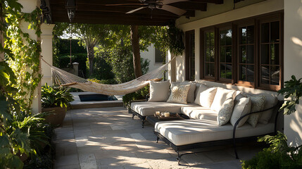 Serene Patio Oasis Hammock, Sectional Sofa, and Tranquil Garden