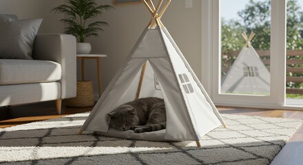 Sleeping Cat Inside a Gray Teepee Tent in Living Room