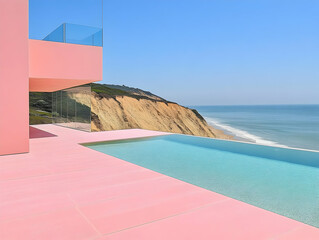 Illustration - Pink Modern House Ocean View Infinity Pool Architecture Design Coastal Living