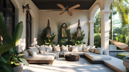 Luxurious Outdoor Patio with Sectional Sofa and Tropical Plants