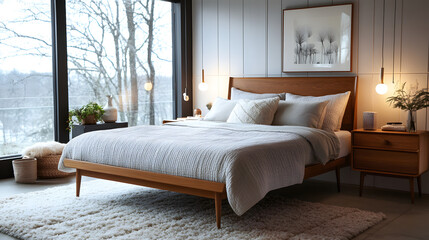 Serene Mid-Century Modern Bedroom with Winter View