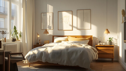 Sunlit Modern Bedroom Interior with Wooden Furniture and Minimalist Decor