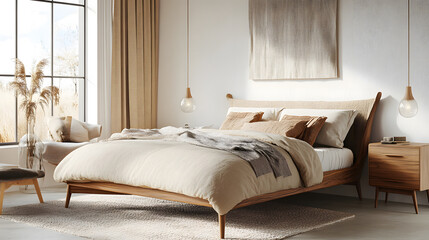 Serene Minimalist Bedroom Interior with Wooden Bed and Natural Light