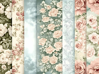 Illustration Background - Vintage Rose Floral Patterns, Peach, Cream, Green