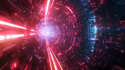 Futuristic glowing tunnel with red and blue neon lights, representing technology, artificial intelligence, cyberspace, and digital innovation in a high-tech, sci-fi environment