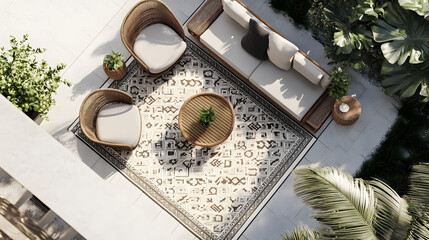 Serene Outdoor Patio Oasis Overhead View of Luxurious Seating and Lush Greenery