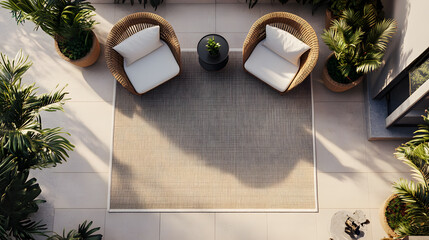Tranquil Outdoor Patio with Wicker Chairs and Beige Rug