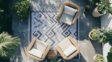 Serene Patio Oasis Wicker Chairs, Geometric Rug, and Lush Greenery