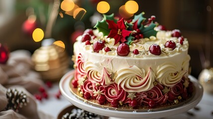 beautifully decorated cake with berries, cream, and chocolate swirls, placed on a rustic wooden table, perfect for celebrations, birthdays, and special occasions