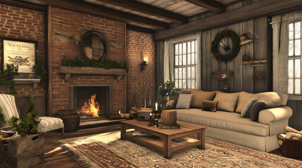 Cozy Rustic Living Room with Fireplace and Christmas Decor