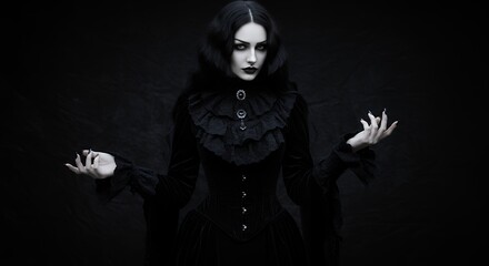 Woman in dark attire stands with outstretched hands Halloween concept