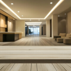 Fototapeta premium Illustration Background - Empty Wooden Table in Blurred Interior Space