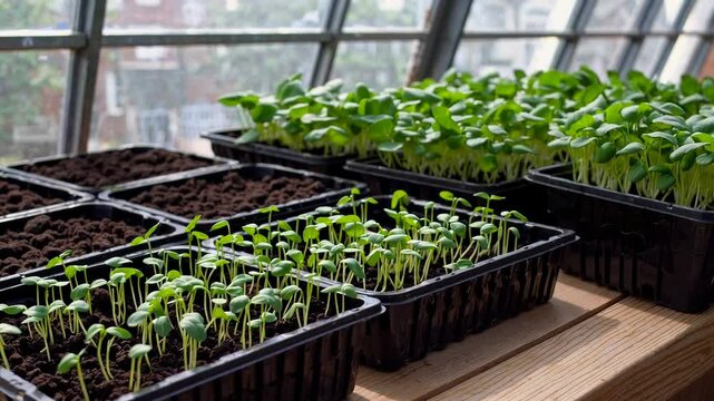 Young green seedlings in black trays on wooden table in greenhouse. Growth and nature concept