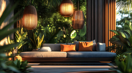Serene Tropical Patio Oasis with Modern Sofa and Hanging Lamps