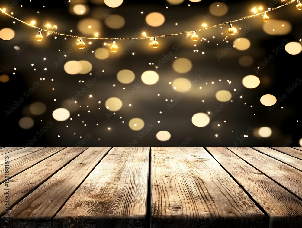 Poster background image - golden lights bokeh effect wood table display