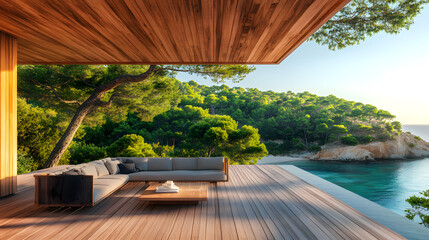 Luxurious Modern Deck Overlooking Serene Coastal Landscape