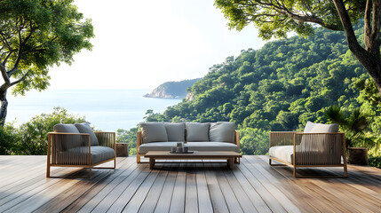 Serene Coastal Terrace with Luxury Outdoor Furniture and Stunning Ocean View