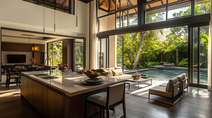 Luxurious Modern Villa Kitchen with Infinity Pool View