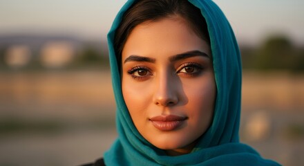Woman Wearing Headscarf Looking at Camera with Soft Golden Hour Lighting