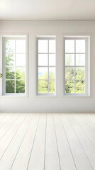 Fototapeta premium Illustration - Empty Room, White Floor, Windows, Trees, Interior Design