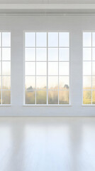 3D Illustration Empty White Room Interior Design, Window, Floor, Wall, Landscape View