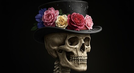 Skull with hat and roses against dark backdrop eerie elegance