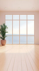 Fototapeta premium Illustration - Serene Room Interior Ocean View, Plant, and Wood Floor