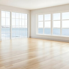 Fototapeta premium Illustration Empty Room with Ocean View, Wood Floor, and Windows