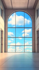 Fototapeta premium 3D Illustration Empty Room Clouds Blue Sky Window Architecture Interior Design Tile Floor
