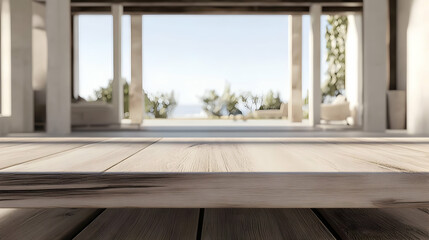 Fototapeta premium 3D Illustration Empty Wooden Table Top Ocean View Interior Design Architecture