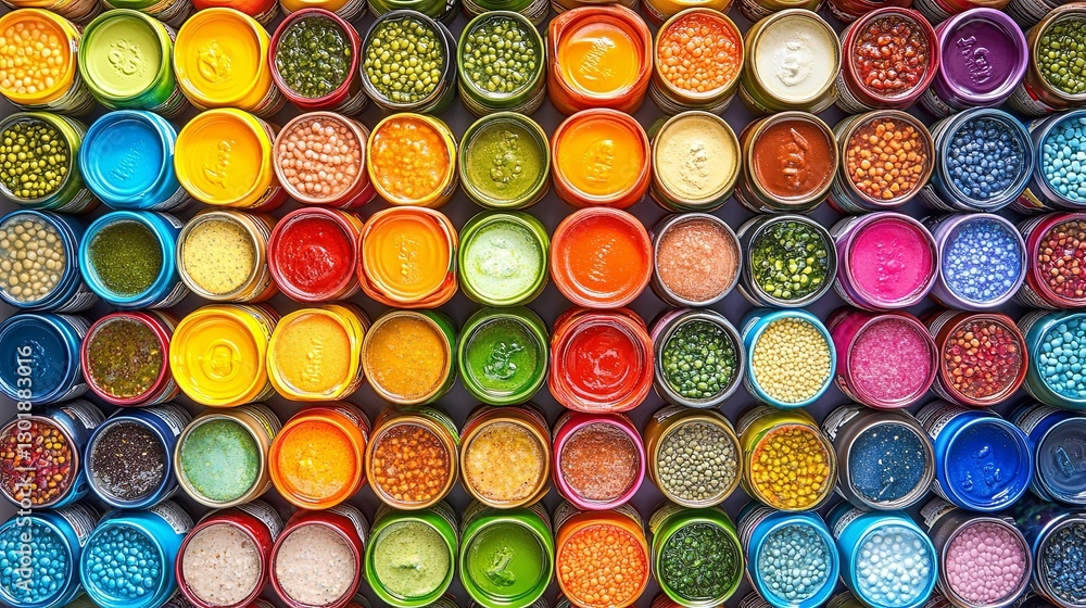 Poster colorful array of jars filled with vibrant art supplies on display in an artistic setting