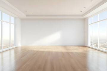 3D Illustration Empty Room Interior Design, Wood Floor, White Walls, and City View