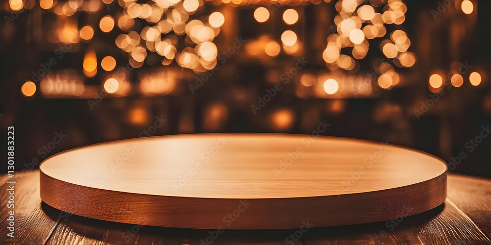 Poster background image-empty round wooden platform, festive bokeh lights background