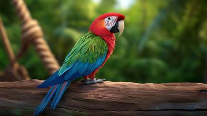 Fototapeta premium vibrant parrot with red, green, and blue feathers perched on wooden branch, surrounded by lush greenery