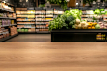 Photo Background - Empty Wooden Table Top with Blurred Supermarket Interior