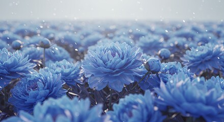 Blooming Blue Flower Field Under Light Snowfall Soft Gentle Atmosphere