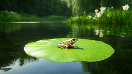 3D frog resting on vibrant green lilypad in serene pond surrounded by lush greenery and blooming flowers