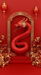 Obraz premium 3D Illustration Red Dragon, Lanterns, Flowers, Arch, Gold