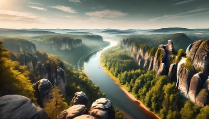 Elbe river meandering through the bastei bridge area in saxon switzerland national park during sunrise