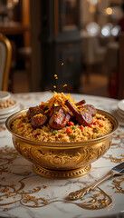A luxurious saffron-infused biryani served in a gold-plated bowl, featuring long-grain basmati rice, tender marinated lamb, caramelized onions, and garnished with edible gold leaf, served on a royal m